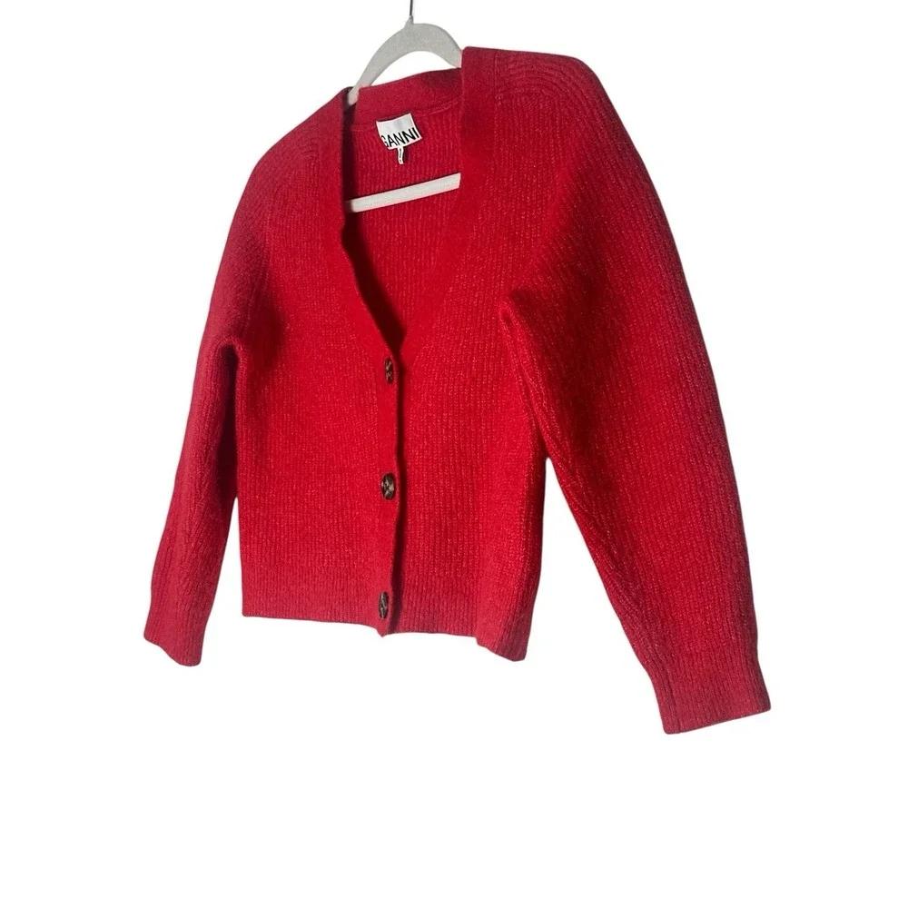 GANNI Cropped Cardigan Sweater Women's Small Red Wool‎ Alpaca Blend Button Front